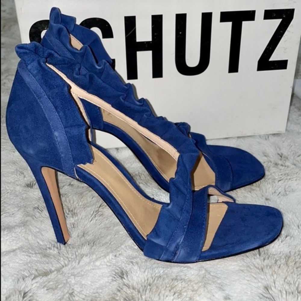 🆕 BNIB Schutz | Aimme d’Orsay Suede Leather Asymmetrical Ruffle Heels | Blue